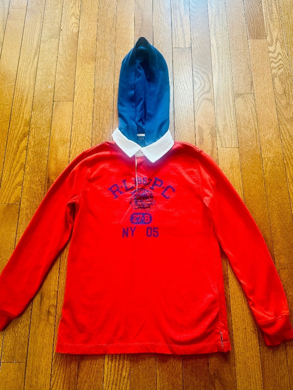 Polo Ralph Lauren Boys Rugby Hoodie Shirt Red Navy Hood Size 7 Logo Graphic